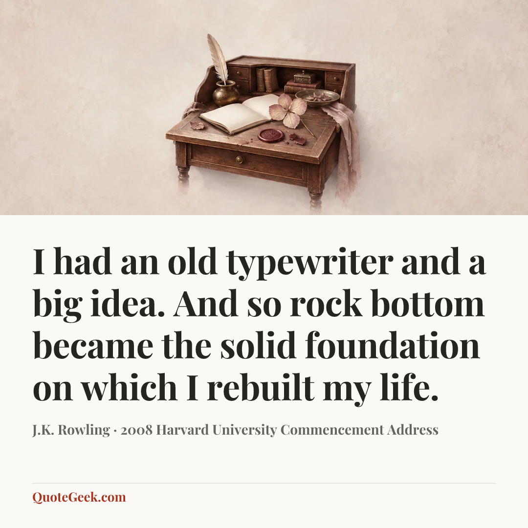 “I had an old typewriter and a big idea. And so rock bottom became the solid foundation on which I rebuilt my life.” — J.K. Rowling · 2008 Harvard University Commencement Address. Illustrated QuoteGeek card.
