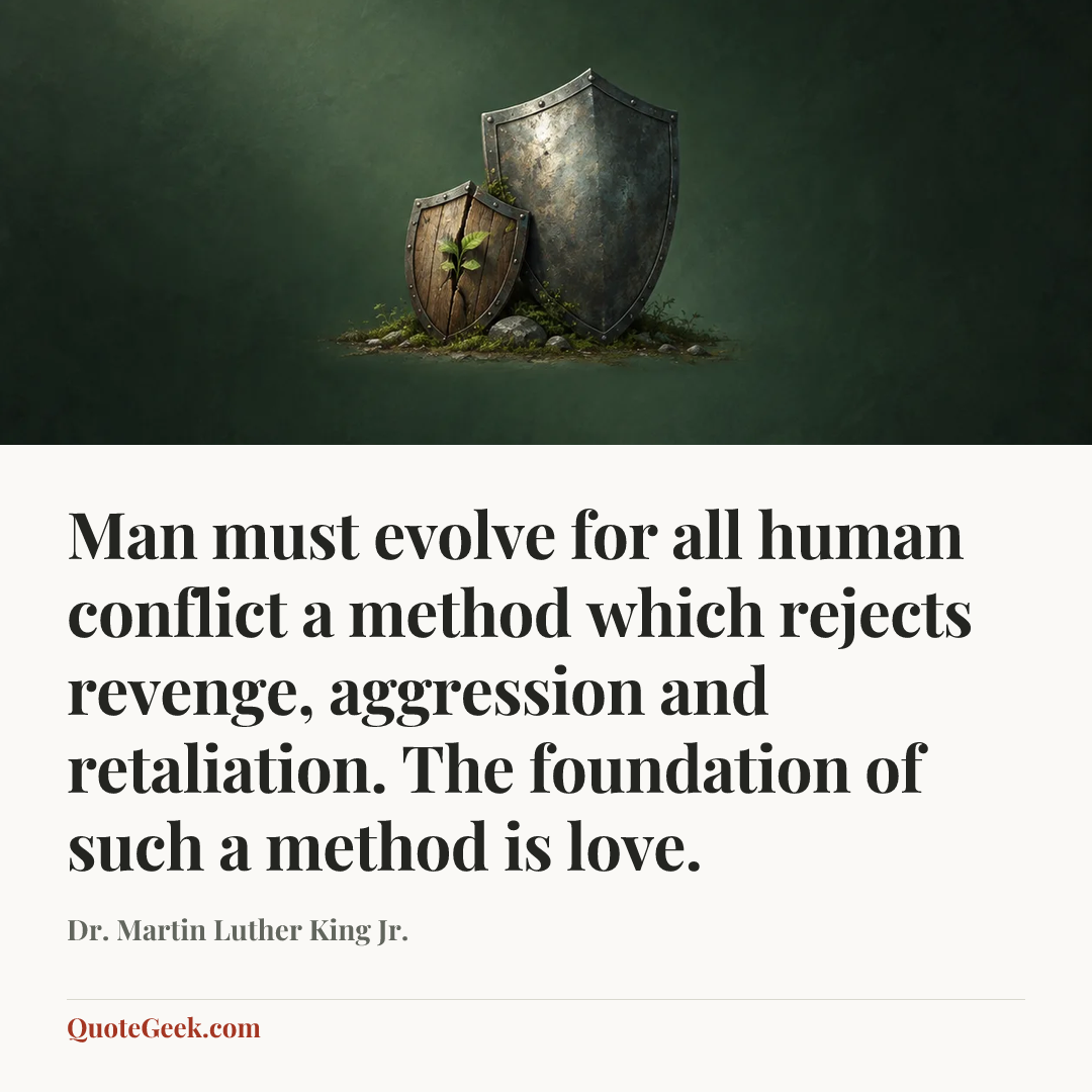 “Man must evolve for all human conflict a method which rejects revenge, aggression and retaliation. The foundation of such a method is love.” — Dr. Martin Luther King Jr.. Illustrated QuoteGeek card.