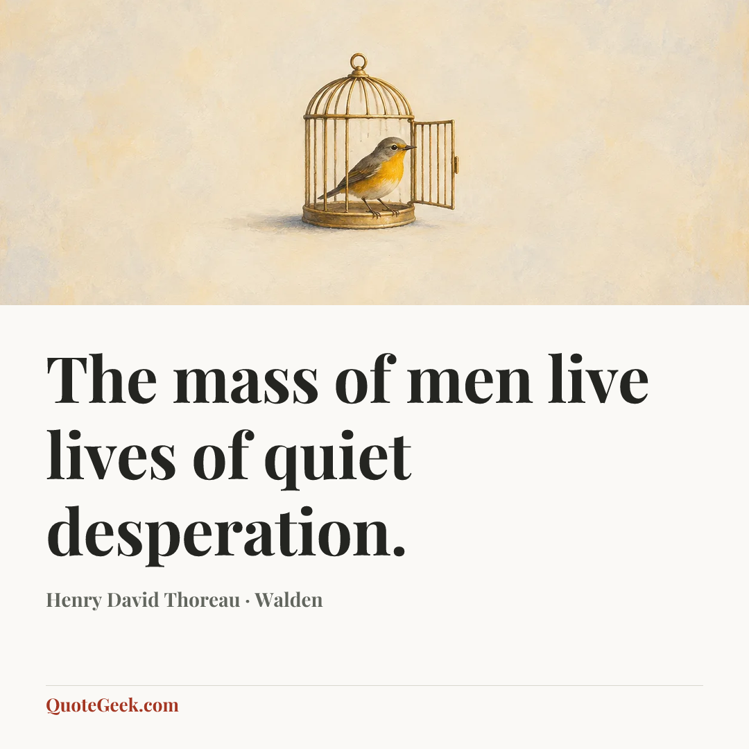 “The mass of men live lives of quiet desperation.” — Henry David Thoreau · Walden. Illustrated QuoteGeek card.