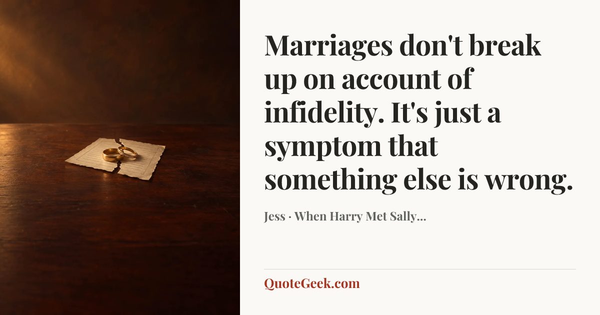 “Marriages don't break up on account of infidelity. It's just a symptom that something else is wrong.” — Jess · When Harry Met Sally.... Illustrated QuoteGeek card.