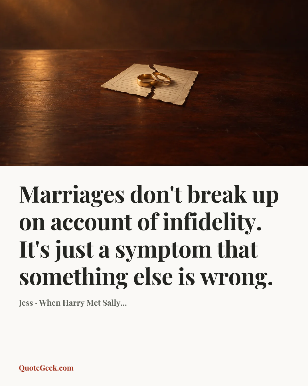 “Marriages don't break up on account of infidelity. It's just a symptom that something else is wrong.” — Jess · When Harry Met Sally.... Illustrated QuoteGeek card.