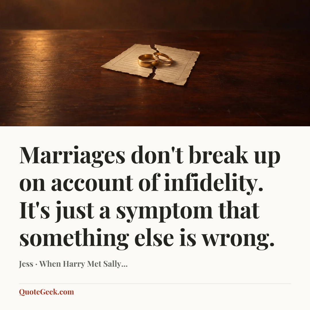 “Marriages don't break up on account of infidelity. It's just a symptom that something else is wrong.” — Jess · When Harry Met Sally.... Illustrated QuoteGeek card.