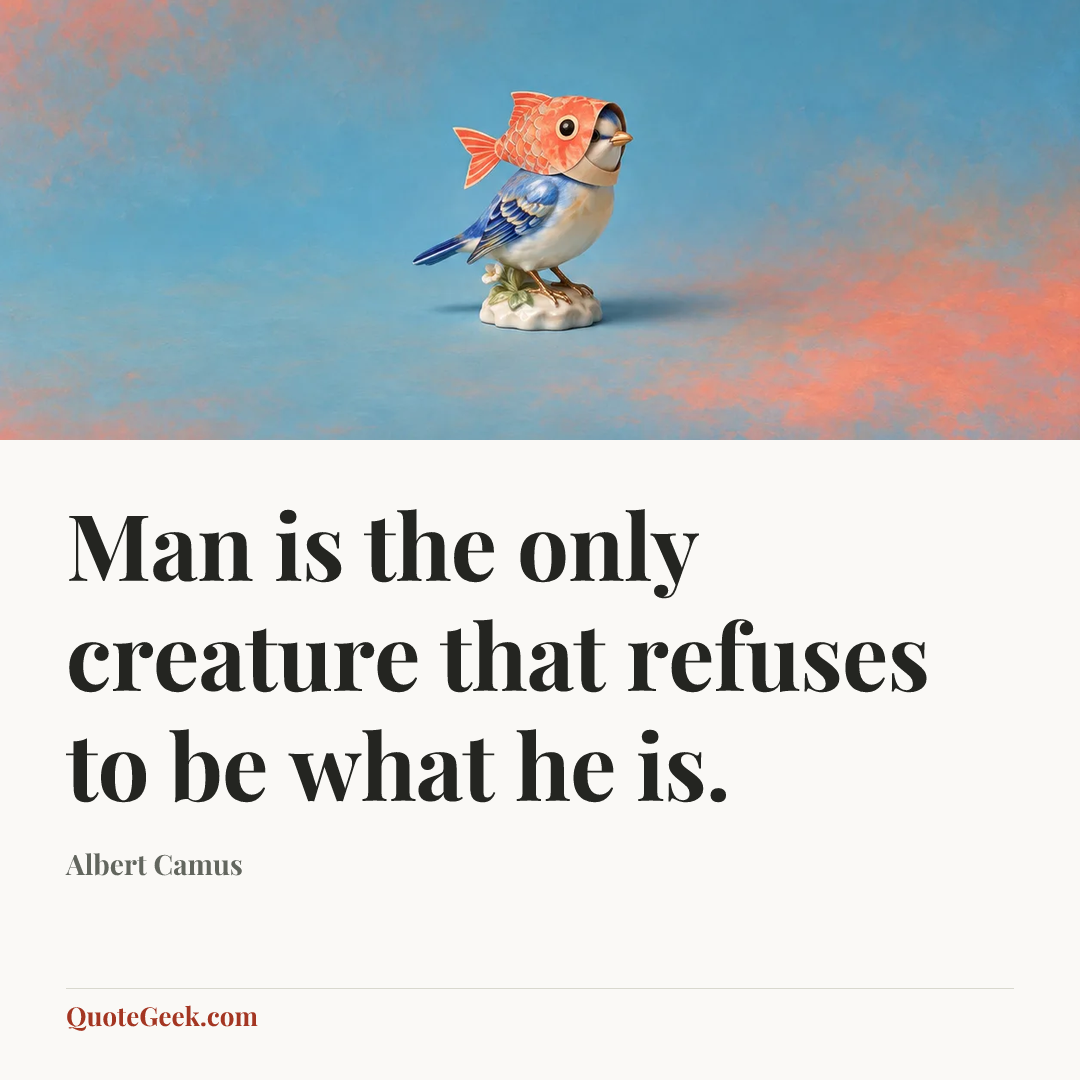 “Man is the only creature that refuses to be what he is.” — Albert Camus. Illustrated QuoteGeek card.