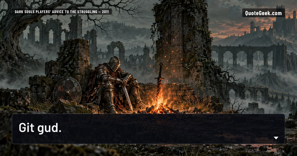 “Git gud.” — Dark Souls players' advice to the struggling · Dark Souls. Illustrated QuoteGeek card.