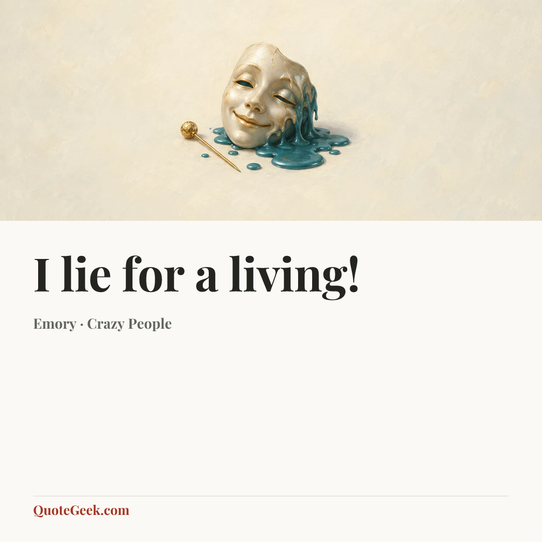 “I lie for a living!” — Emory · Crazy People. Illustrated QuoteGeek card.