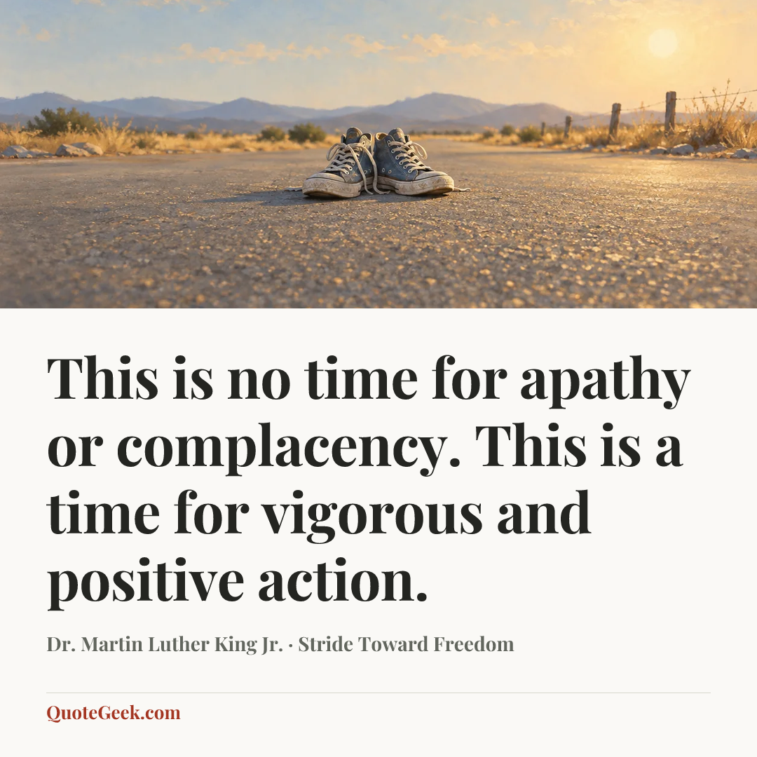 “This is no time for apathy or complacency. This is a time for vigorous and positive action.” — Dr. Martin Luther King Jr. · Stride Toward Freedom. Illustrated QuoteGeek card.