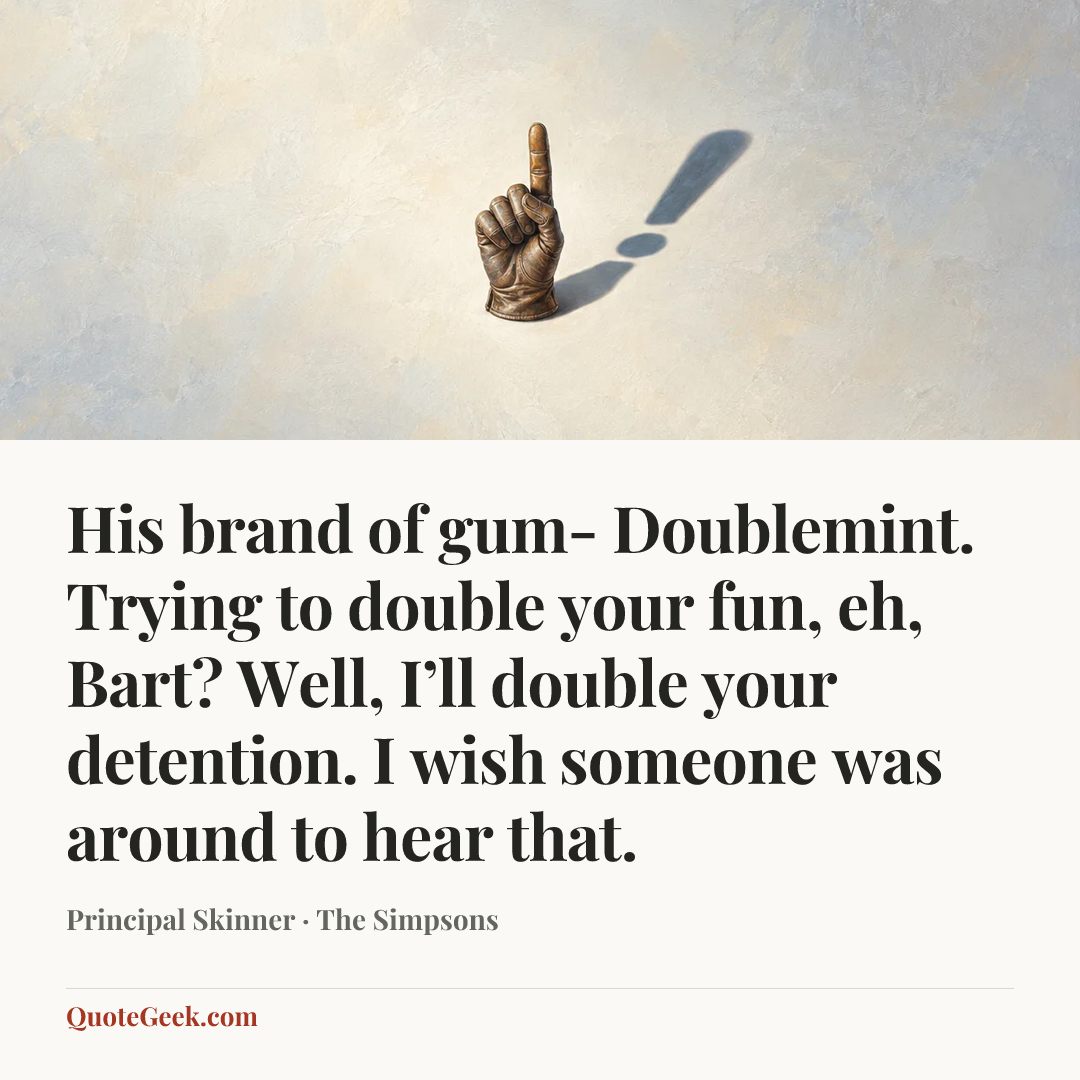 “His brand of gum- Doublemint. Trying to double your fun, eh, Bart? Well, I’ll double your detention. I wish someone was around to hear that.” — Principal Skinner · The Simpsons. Illustrated QuoteGeek card.