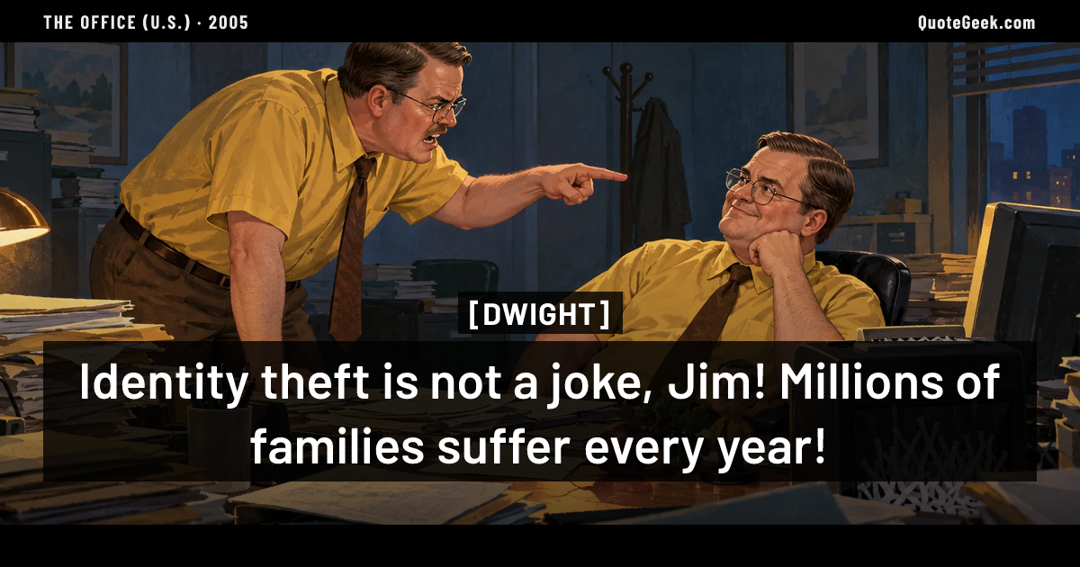 “Identity theft is not a joke, Jim! Millions of families suffer every year!” — Dwight · The Office (U.S.). Illustrated QuoteGeek card.