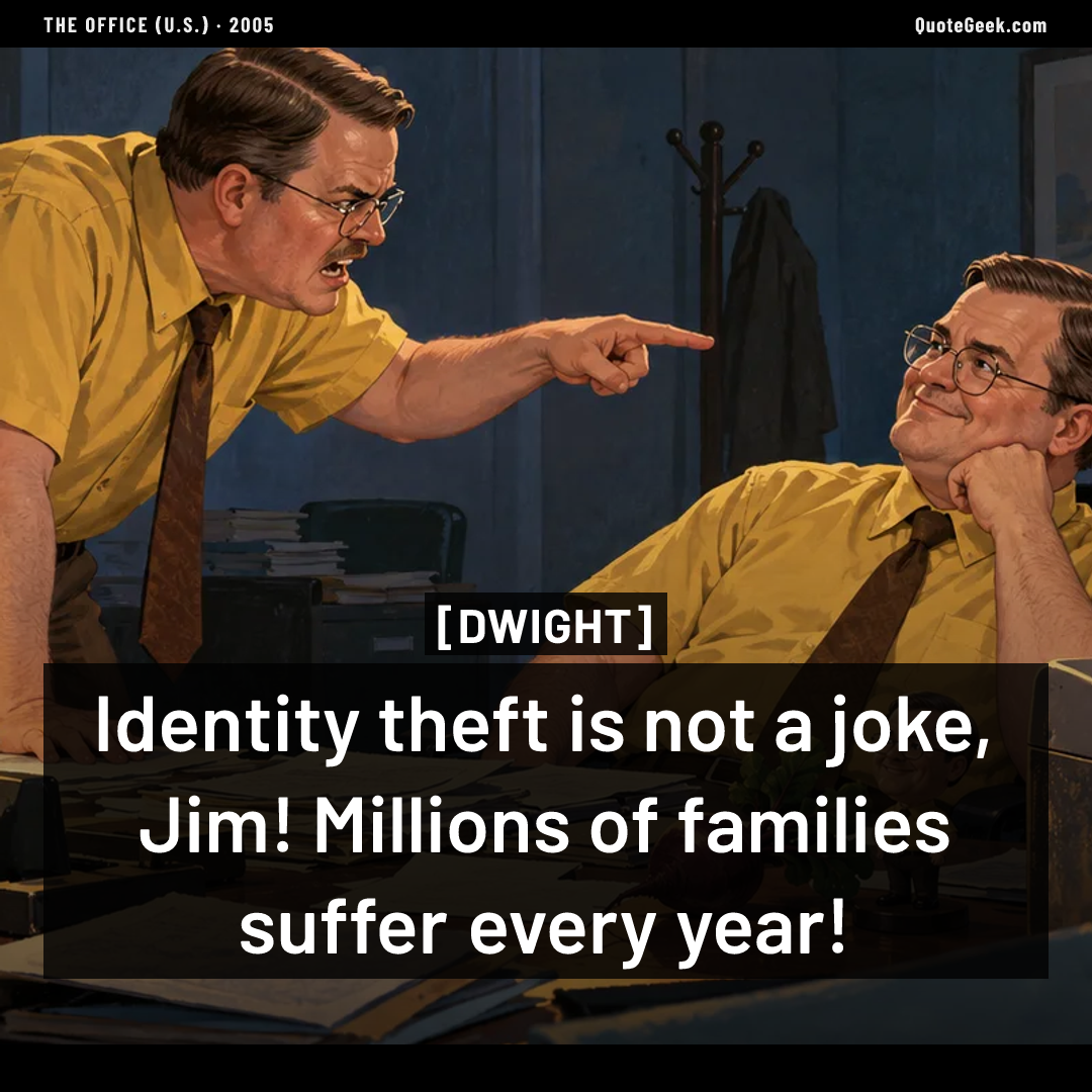 “Identity theft is not a joke, Jim! Millions of families suffer every year!” — Dwight · The Office (U.S.). Illustrated QuoteGeek card.