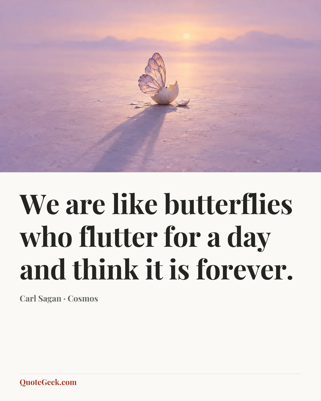 “We are like butterflies who flutter for a day and think it is forever.” — Carl Sagan · Cosmos. Illustrated QuoteGeek card.