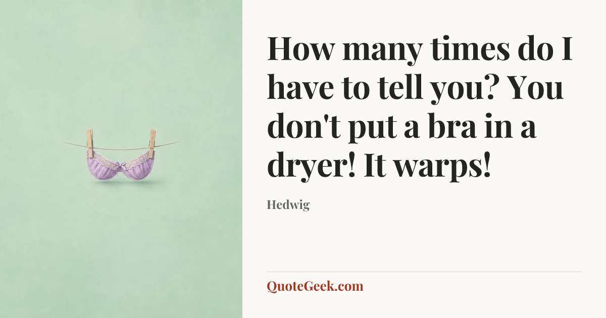 “How many times do I have to tell you? You don't put a bra in a dryer! It warps!” — Hedwig. Illustrated QuoteGeek card.