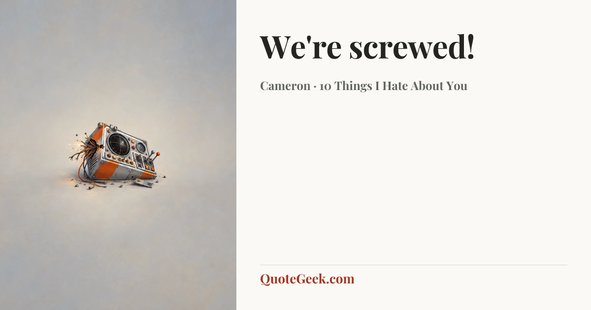 “We're screwed!” — Cameron · 10 Things I Hate About You. Illustrated QuoteGeek card.