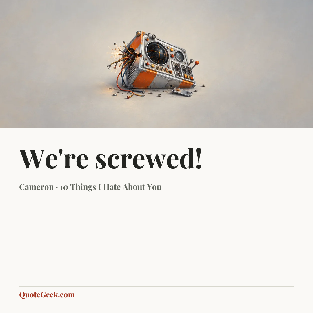 “We're screwed!” — Cameron · 10 Things I Hate About You. Illustrated QuoteGeek card.