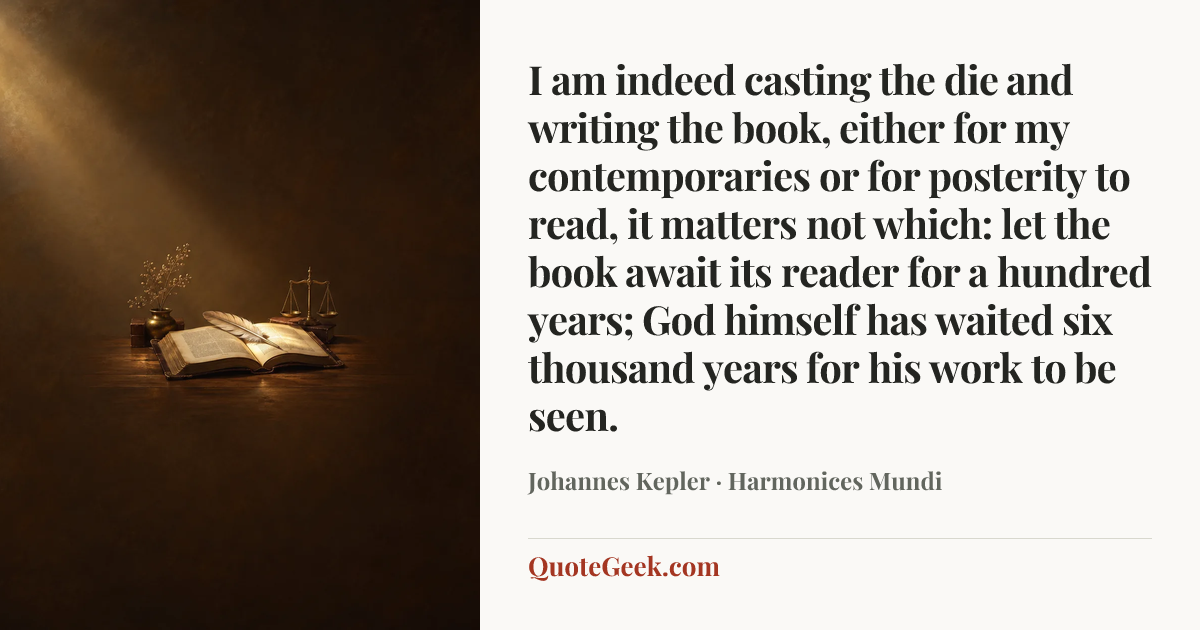 “I am indeed casting the die and writing the book, either for my contemporaries or for posterity to read, it matters not which: let the book await its reader for a hundred years; God himself has waited six thousand years for his work to be seen.” — Johannes Kepler · Harmonices Mundi. Illustrated QuoteGeek card.