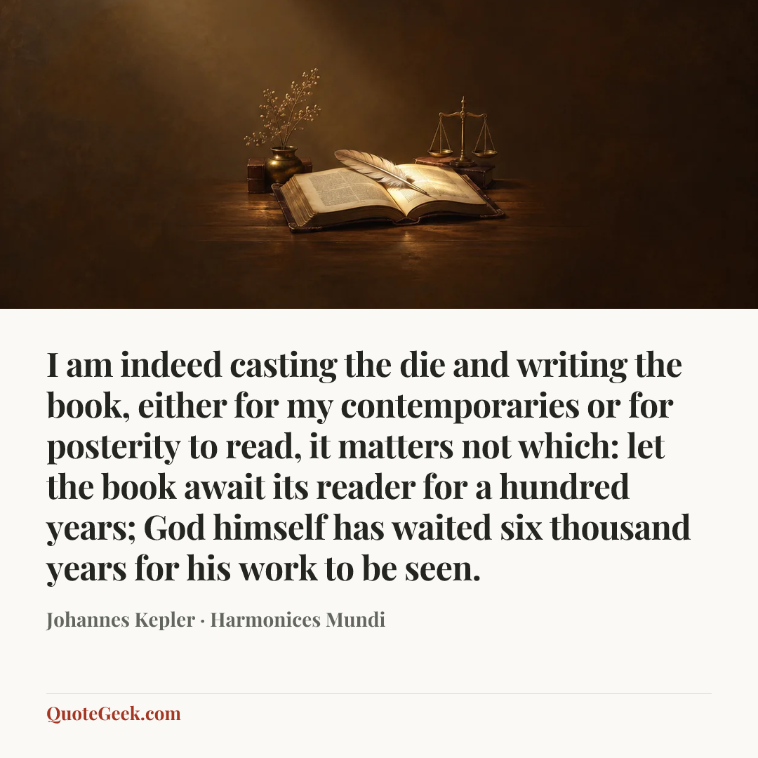 “I am indeed casting the die and writing the book, either for my contemporaries or for posterity to read, it matters not which: let the book await its reader for a hundred years; God himself has waited six thousand years for his work to be seen.” — Johannes Kepler · Harmonices Mundi. Illustrated QuoteGeek card.