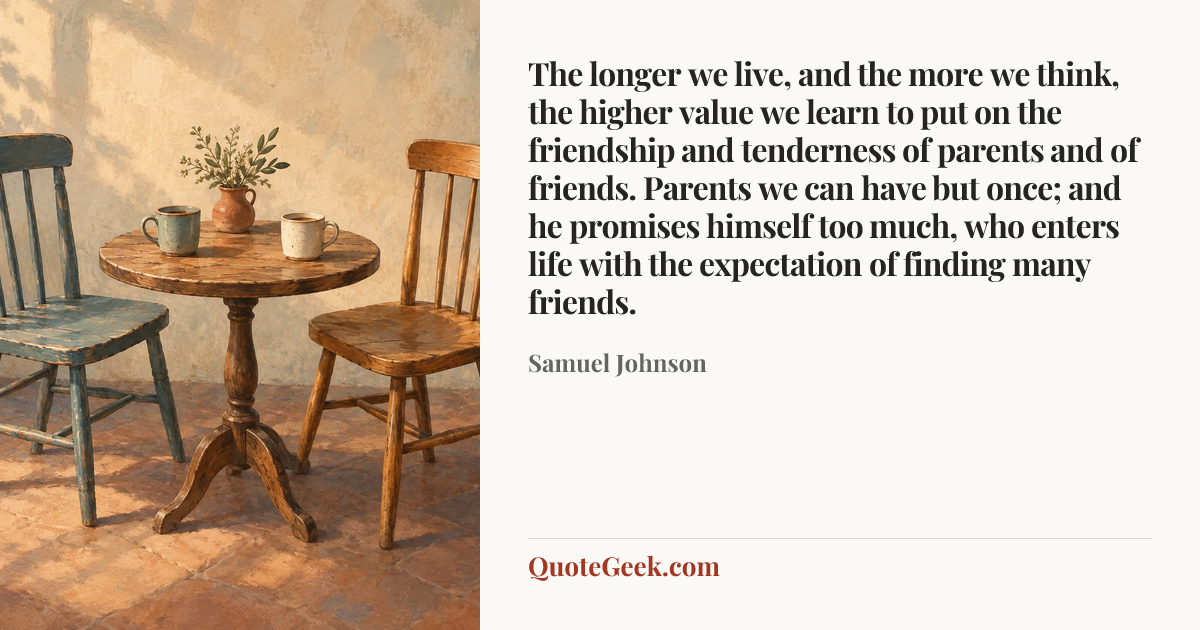 “The longer we live, and the more we think, the higher value we learn to put on the friendship and tenderness of parents and of friends. Parents we can have but once; and he promises himself too much, who enters life with the expectation of finding many friends.” — Samuel Johnson. Illustrated QuoteGeek card.