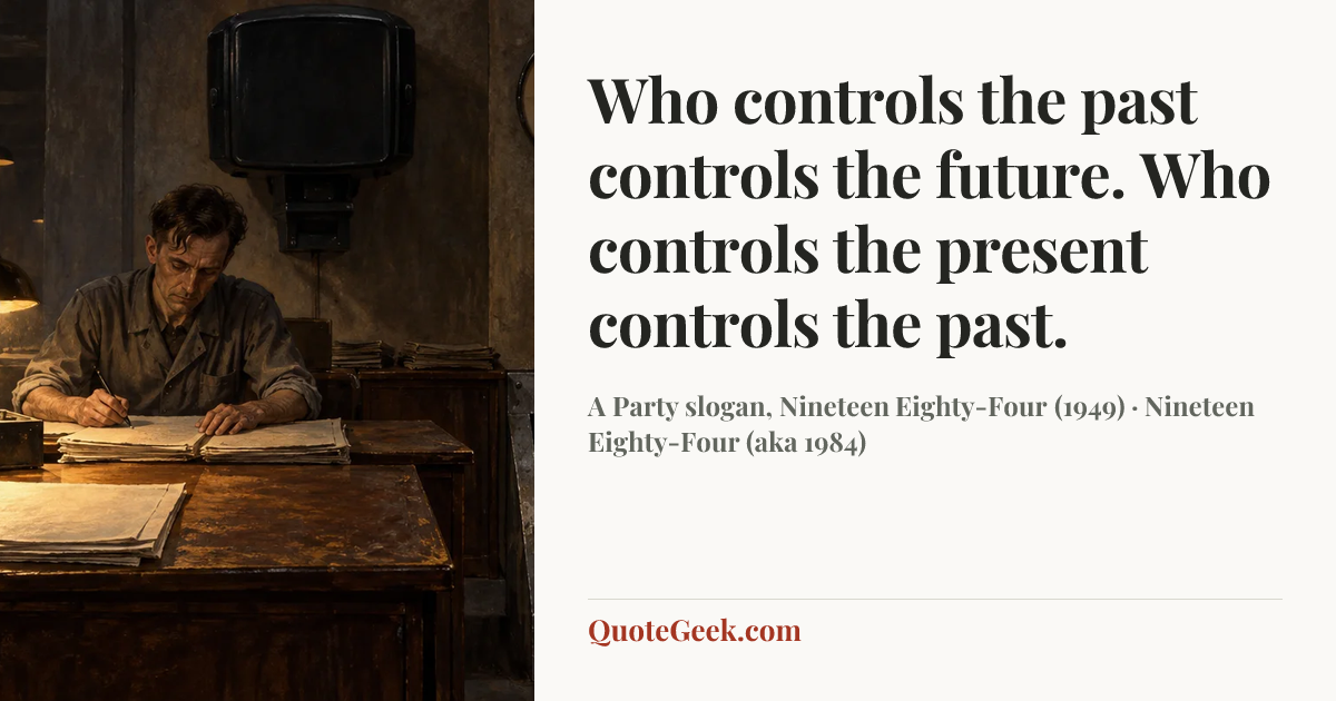 “Who controls the past controls the future. Who controls the present controls the past.” — A Party slogan, Nineteen Eighty-Four (1949) · Nineteen Eighty-Four (aka 1984). Illustrated QuoteGeek card.