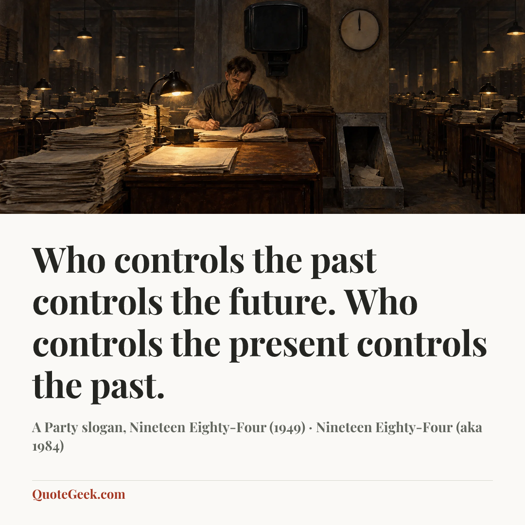 “Who controls the past controls the future. Who controls the present controls the past.” — A Party slogan, Nineteen Eighty-Four (1949) · Nineteen Eighty-Four (aka 1984). Illustrated QuoteGeek card.