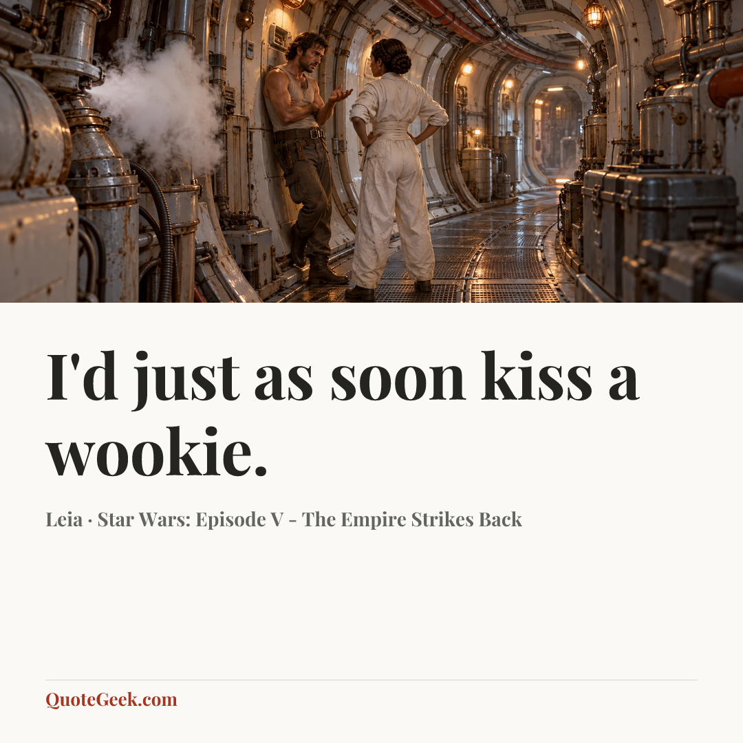 “I'd just as soon kiss a wookie.” — Leia · Star Wars: Episode V - The Empire Strikes Back. Illustrated QuoteGeek card.