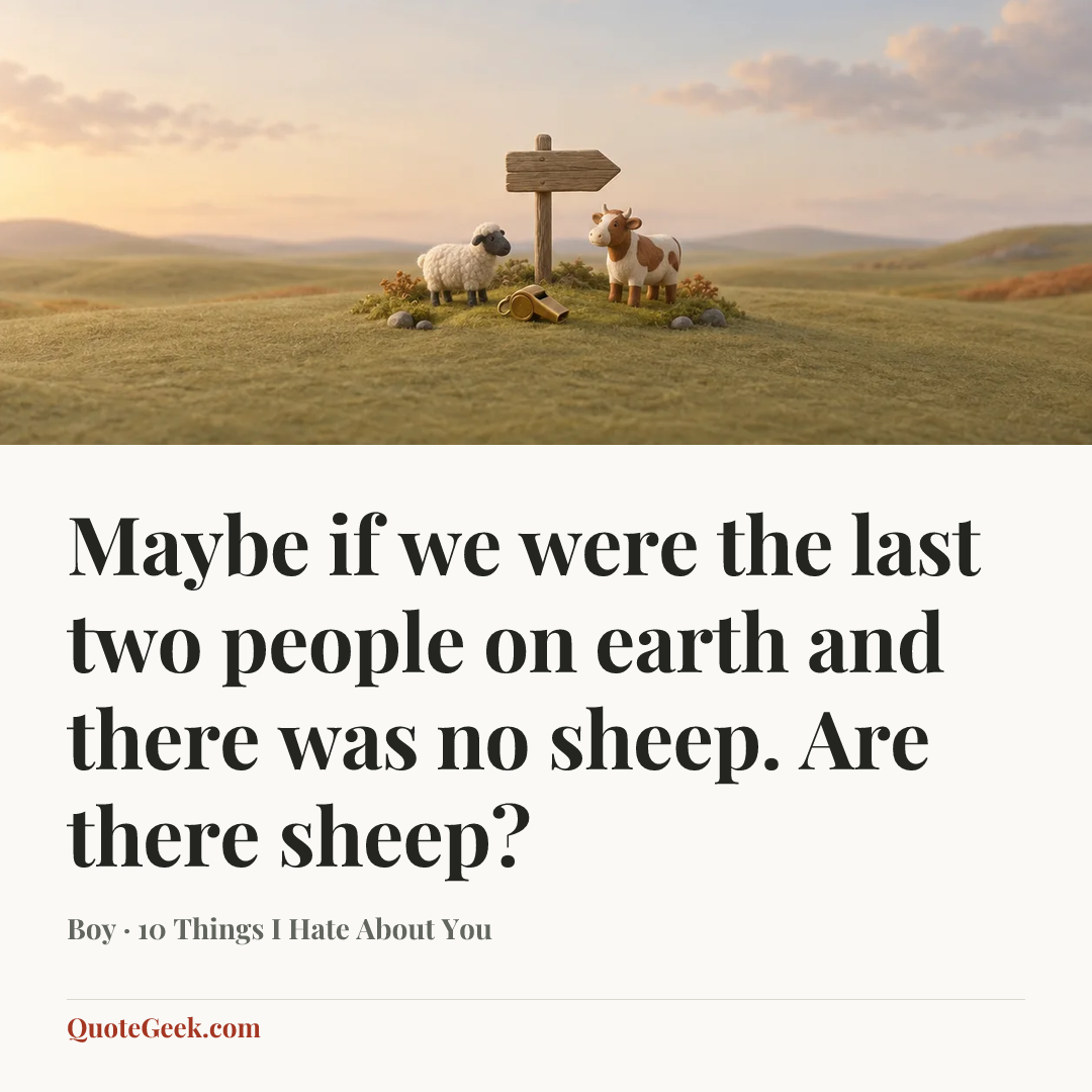 “Maybe if we were the last two people on earth and there was no sheep. Are there sheep?” — Boy · 10 Things I Hate About You. Illustrated QuoteGeek card.