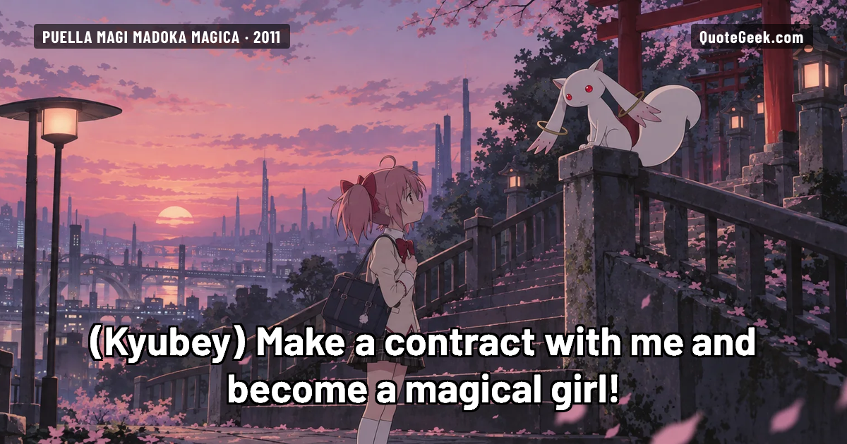 “Make a contract with me and become a magical girl!” — Kyubey · Puella Magi Madoka Magica. Illustrated QuoteGeek card.
