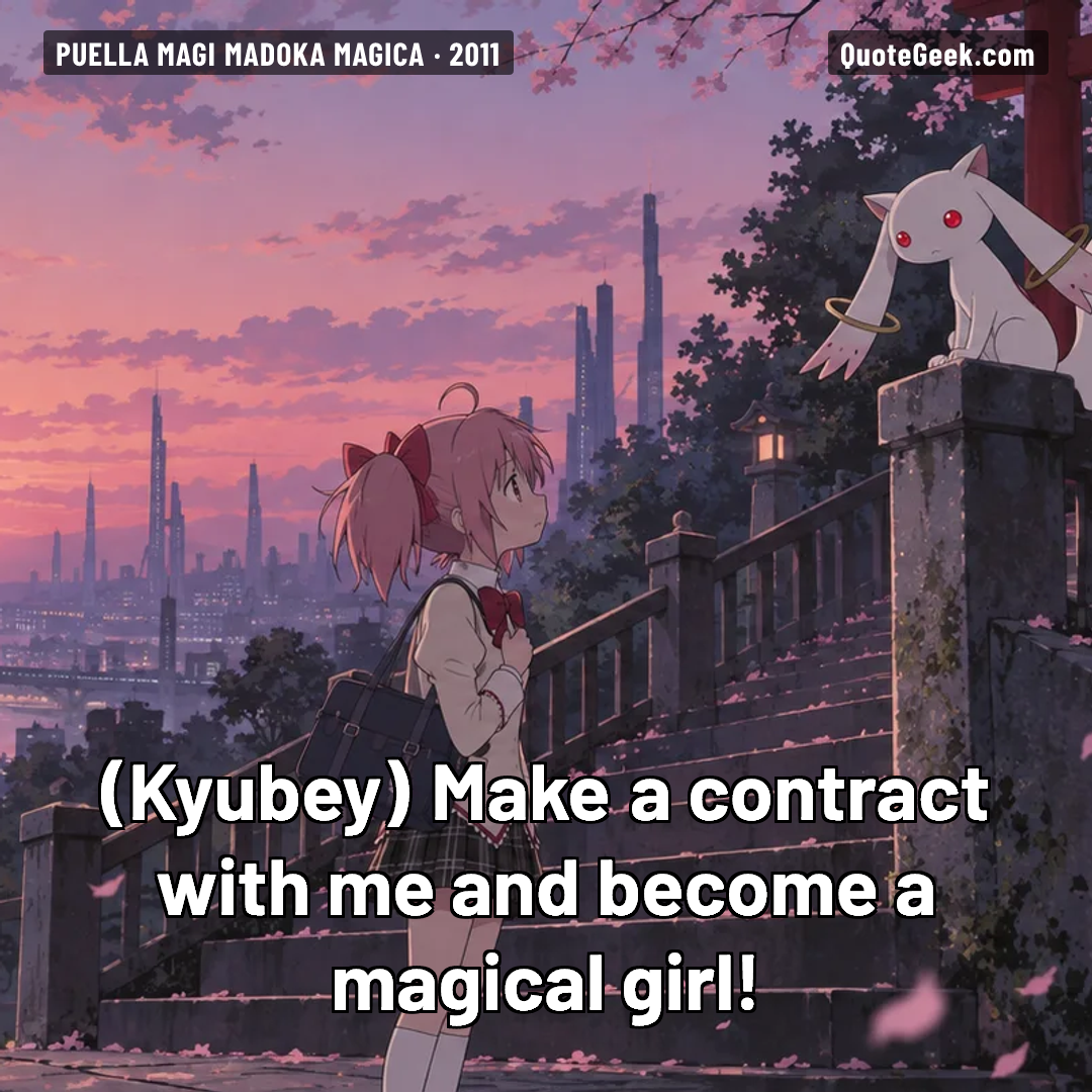 “Make a contract with me and become a magical girl!” — Kyubey · Puella Magi Madoka Magica. Illustrated QuoteGeek card.