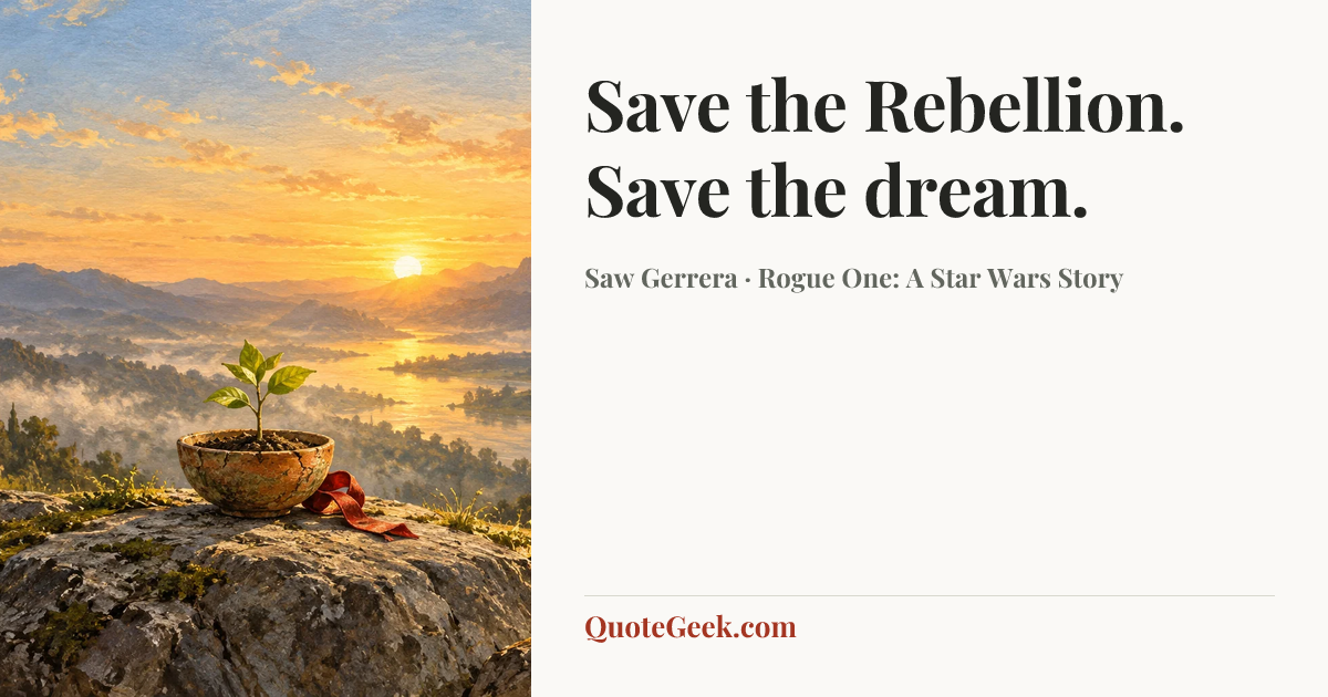 “Save the Rebellion. Save the dream.” — Saw Gerrera · Rogue One: A Star Wars Story. Illustrated QuoteGeek card.