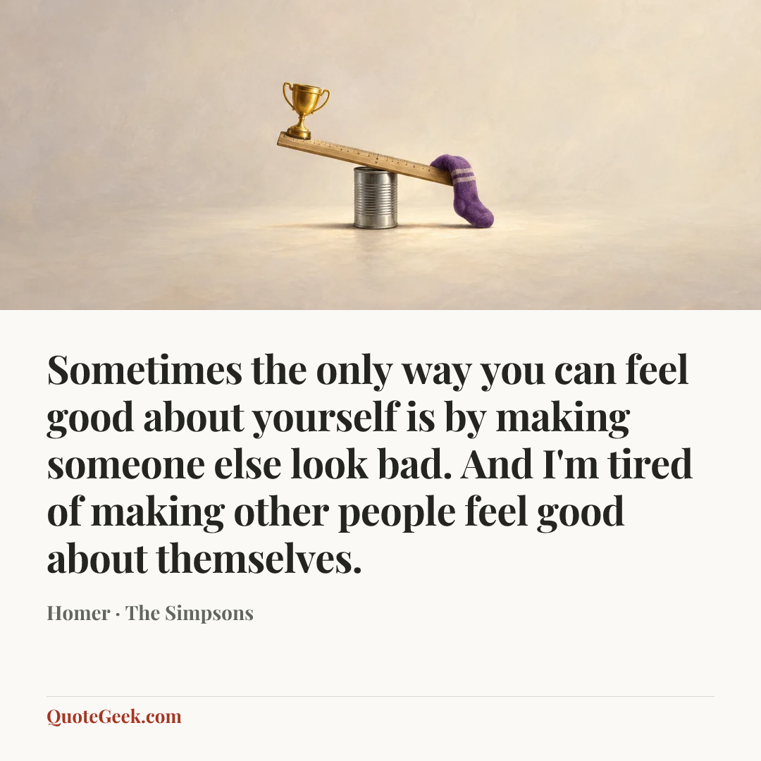 “Sometimes the only way you can feel good about yourself is by making someone else look bad. And I'm tired of making other people feel good about themselves.” — Homer · The Simpsons. Illustrated QuoteGeek card.