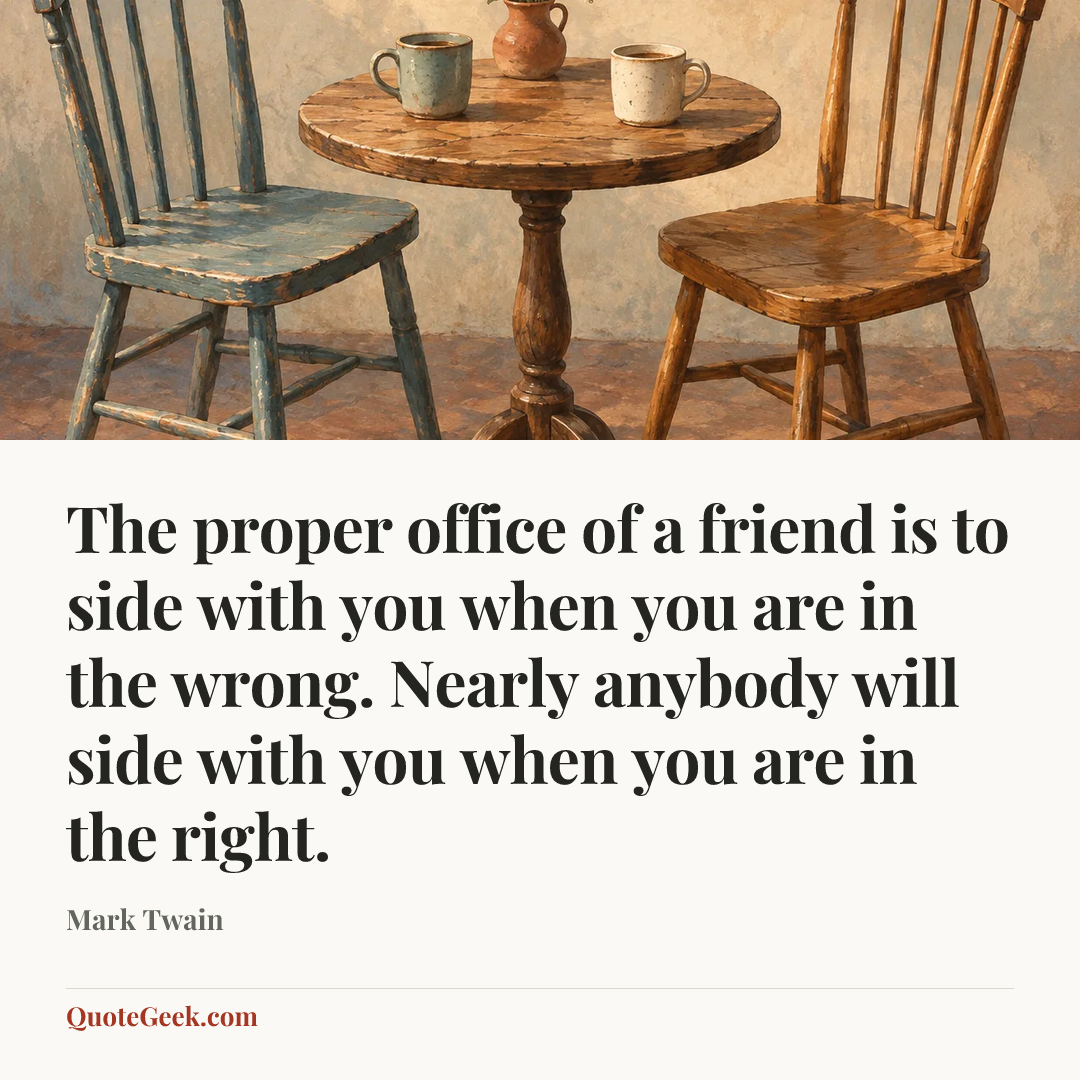 “The proper office of a friend is to side with you when you are in the wrong. Nearly anybody will side with you when you are in the right.” — Mark Twain. Illustrated QuoteGeek card.