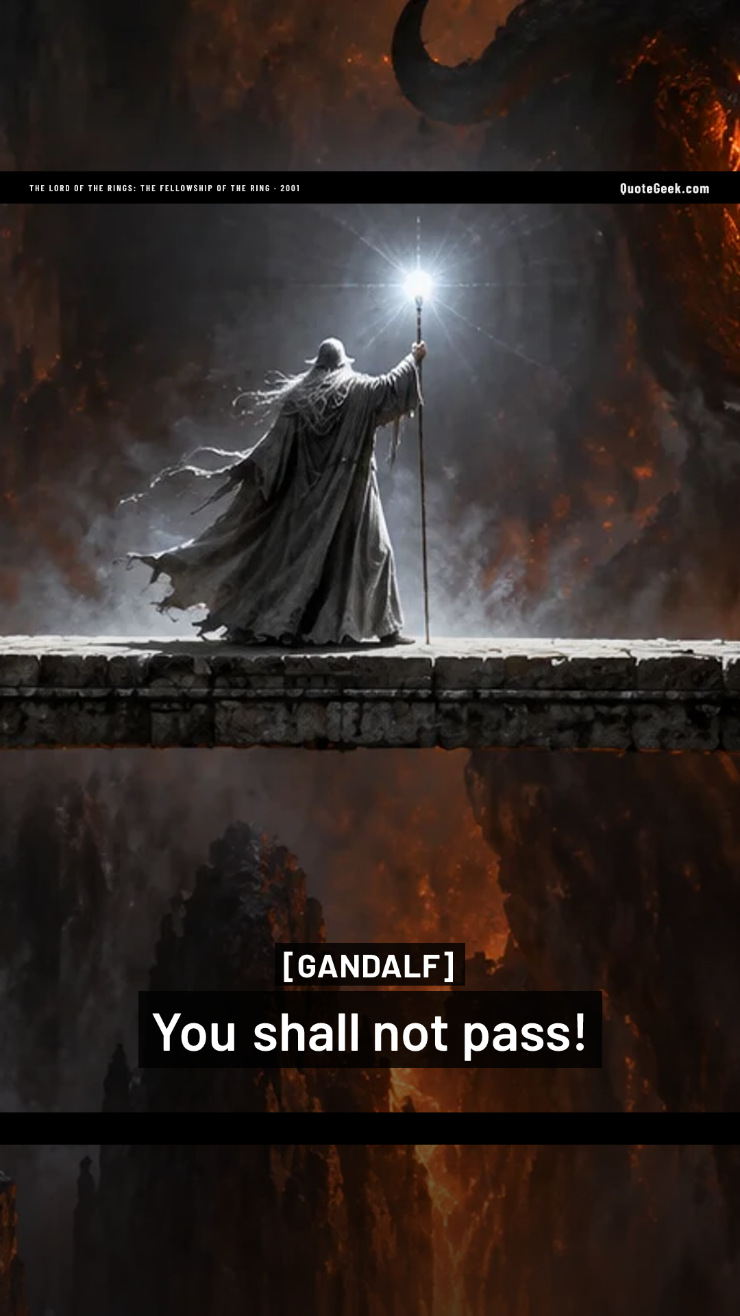 “You shall not pass!” — Gandalf · The Lord of the Rings: The Fellowship of the Ring. Illustrated QuoteGeek card.