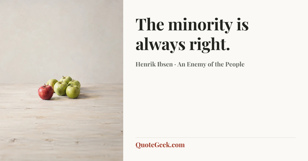 “The minority is always right.” — Henrik Ibsen · An Enemy of the People. Illustrated QuoteGeek card.