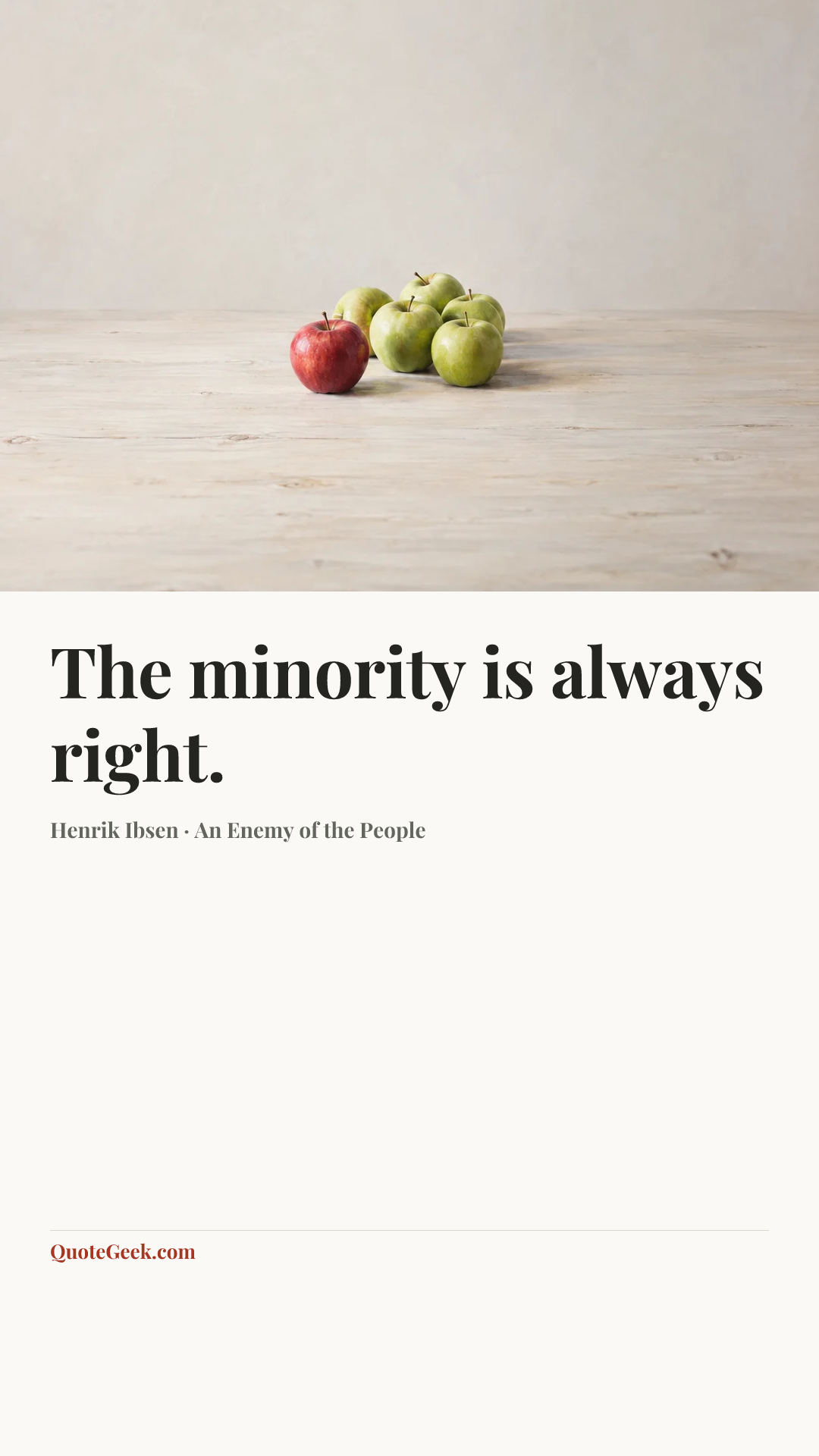 “The minority is always right.” — Henrik Ibsen · An Enemy of the People. Illustrated QuoteGeek card.