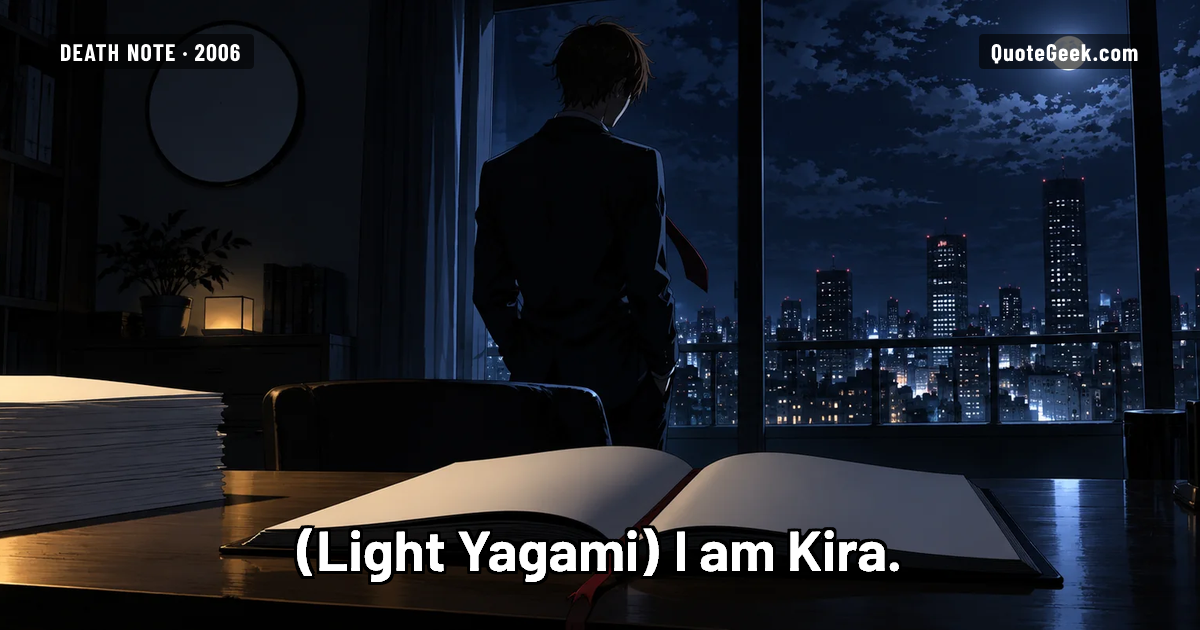“I am Kira.” — Light Yagami · Death Note. Illustrated QuoteGeek card.