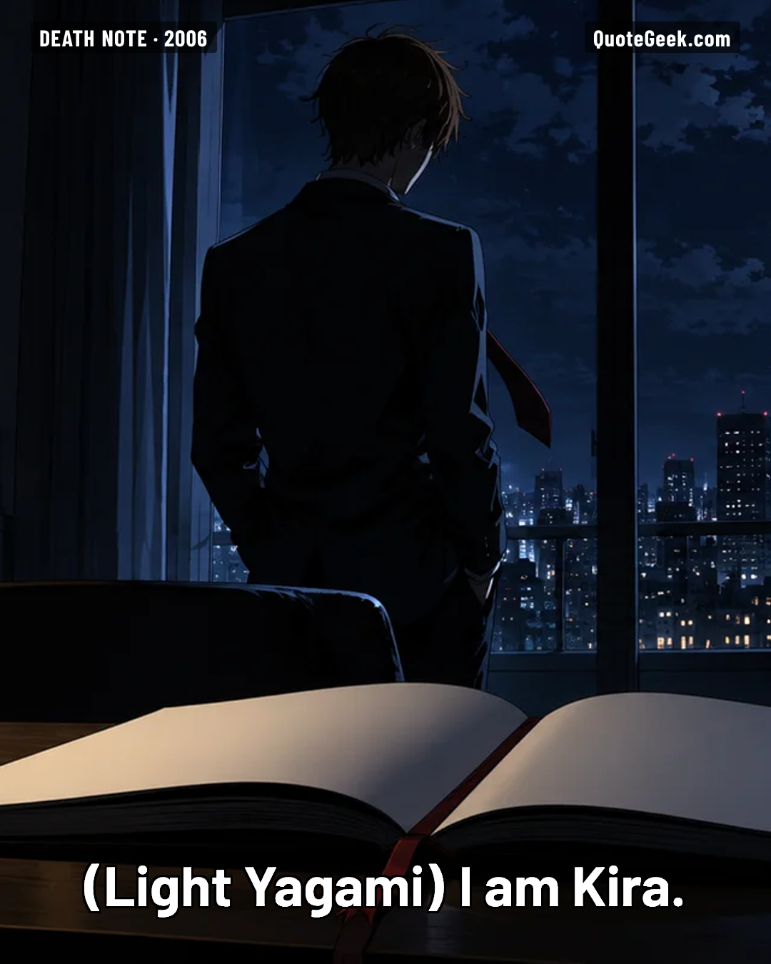 “I am Kira.” — Light Yagami · Death Note. Illustrated QuoteGeek card.