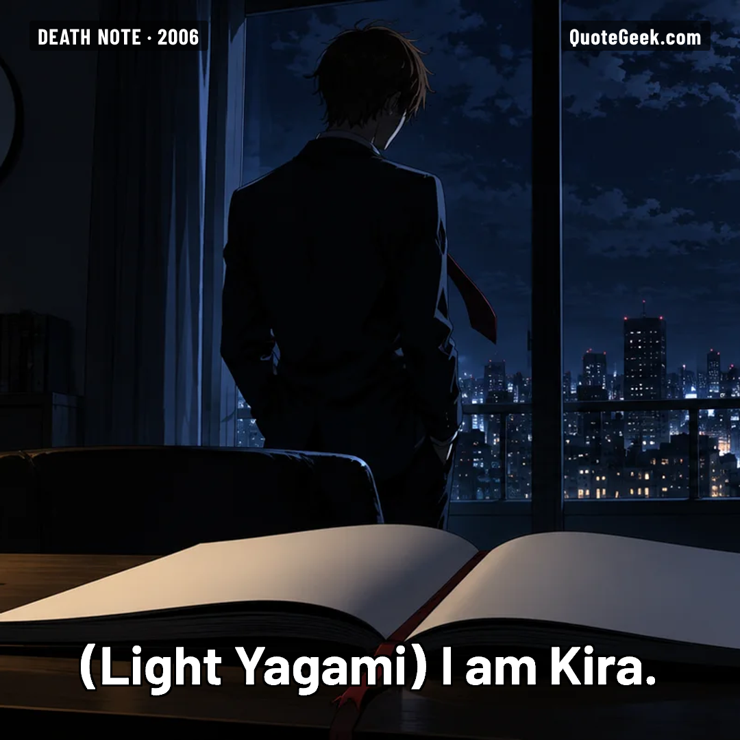 “I am Kira.” — Light Yagami · Death Note. Illustrated QuoteGeek card.