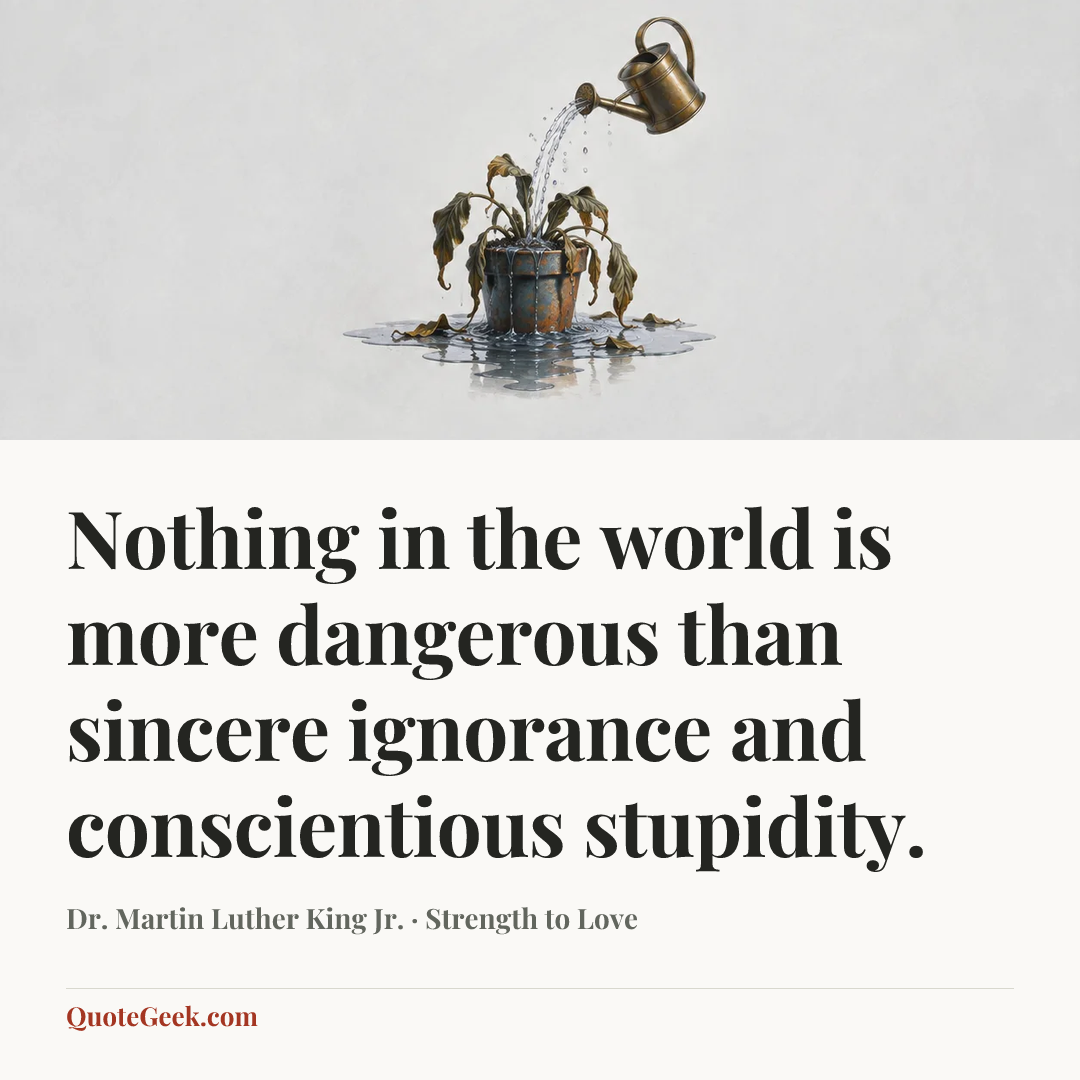 “Nothing in the world is more dangerous than sincere ignorance and conscientious stupidity.” — Dr. Martin Luther King Jr. · Strength to Love. Illustrated QuoteGeek card.