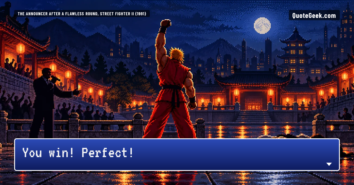 “You win! Perfect!” — The announcer after a flawless round, Street Fighter II (1991) · Street Fighter II. Illustrated QuoteGeek card.