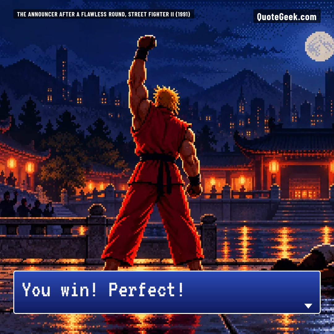 “You win! Perfect!” — The announcer after a flawless round, Street Fighter II (1991) · Street Fighter II. Illustrated QuoteGeek card.