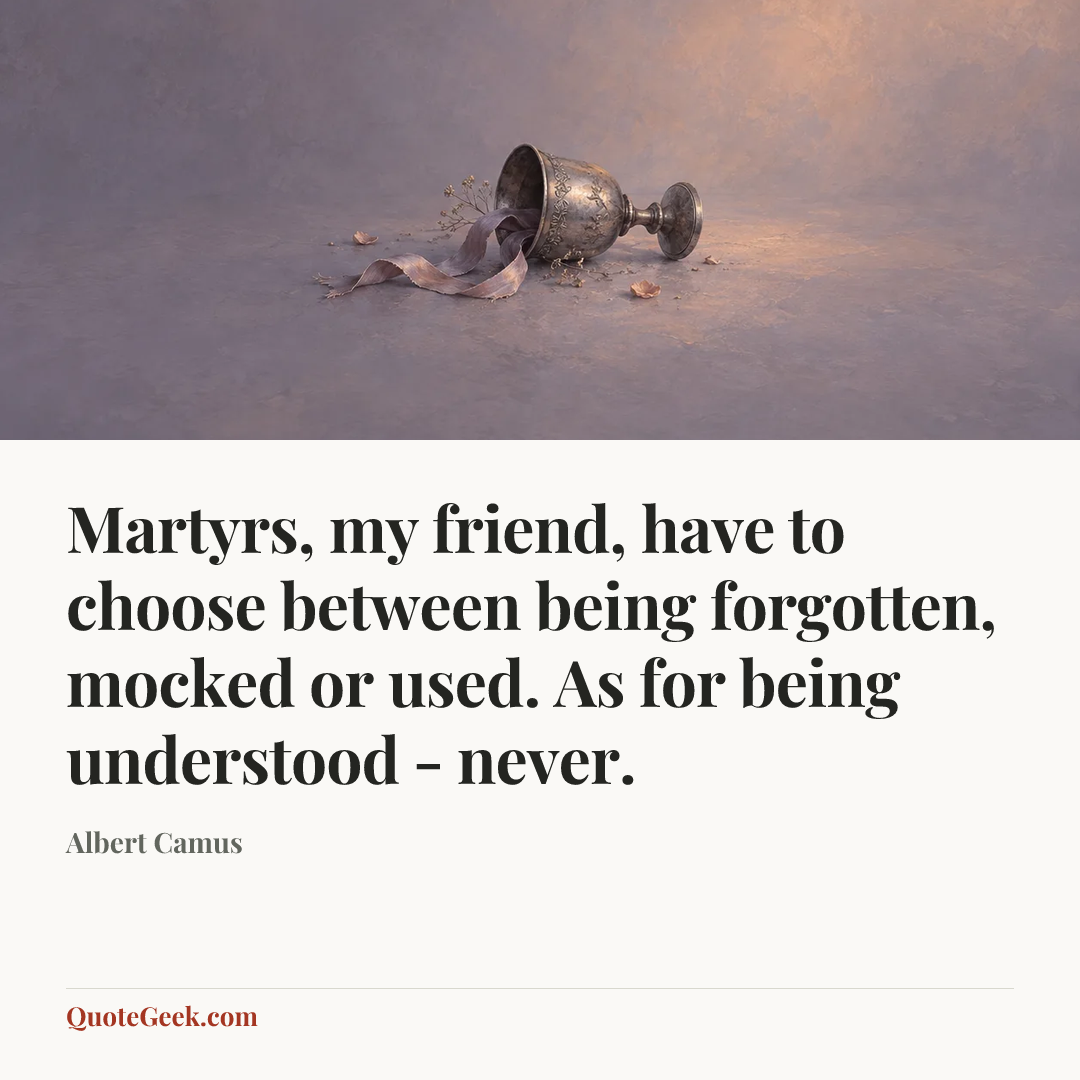“Martyrs, my friend, have to choose between being forgotten, mocked or used. As for being understood - never.” — Albert Camus. Illustrated QuoteGeek card.