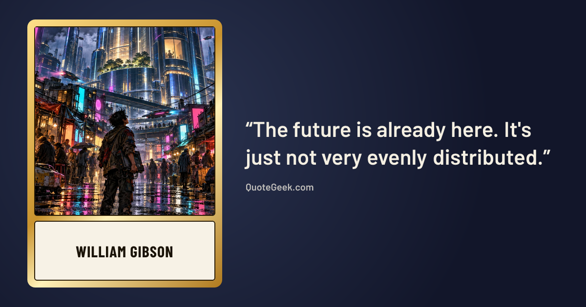 “The future is already here. It's just not very evenly distributed.” — William Gibson. Illustrated QuoteGeek card.