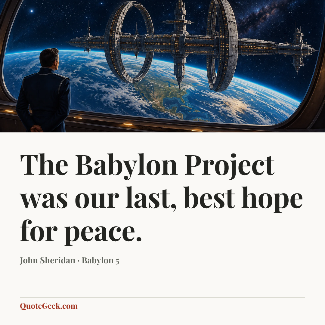 “The Babylon Project was our last, best hope for peace.” — John Sheridan · Babylon 5. Illustrated QuoteGeek card.
