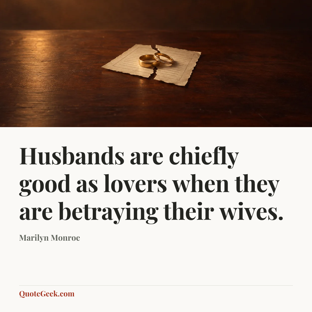 “Husbands are chiefly good as lovers when they are betraying their wives.” — Marilyn Monroe. Illustrated QuoteGeek card.