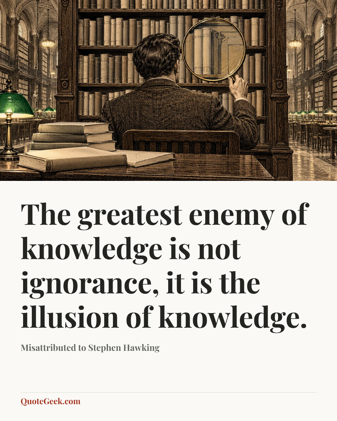 “The greatest enemy of knowledge is not ignorance, it is the illusion of knowledge.” — Misattributed to Stephen Hawking. Illustrated QuoteGeek card.