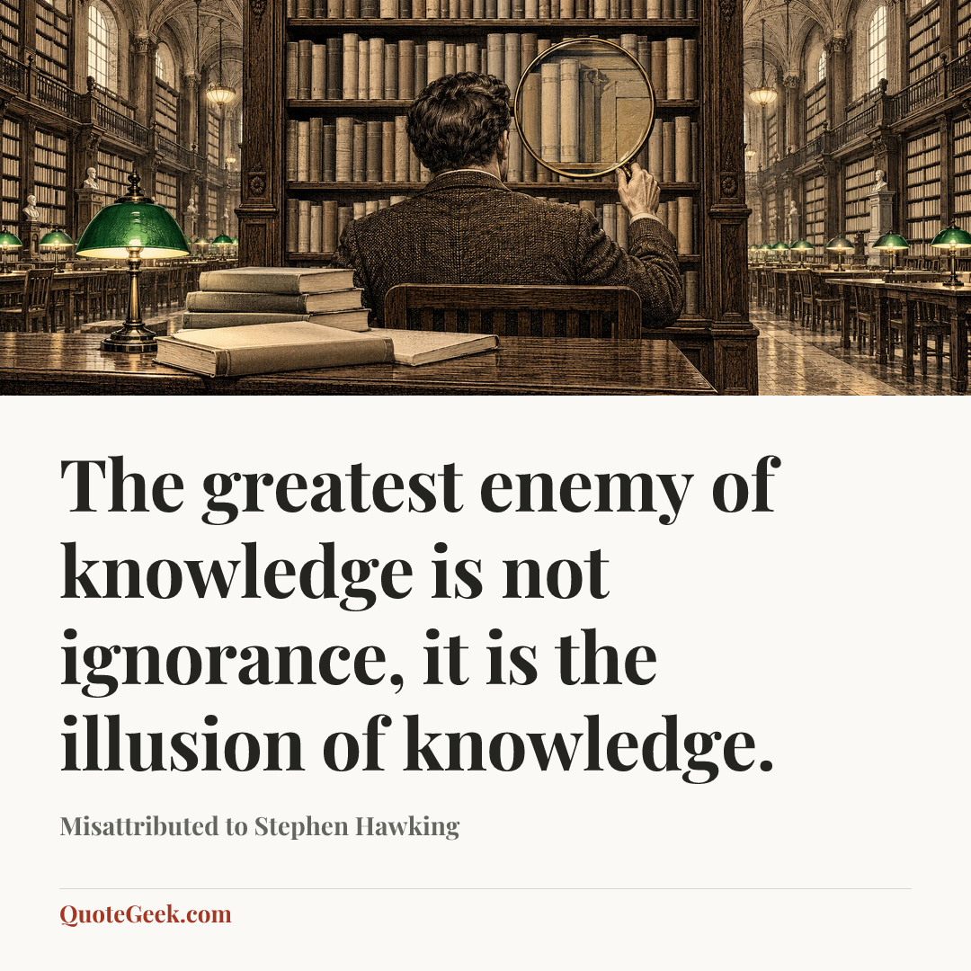 “The greatest enemy of knowledge is not ignorance, it is the illusion of knowledge.” — Misattributed to Stephen Hawking. Illustrated QuoteGeek card.
