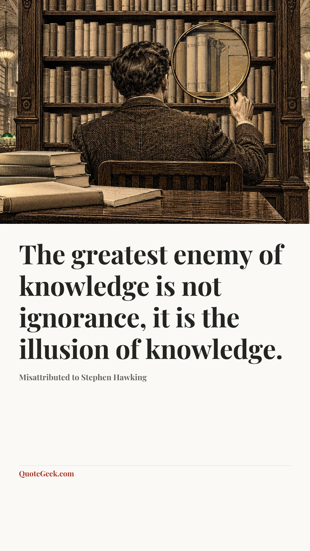 “The greatest enemy of knowledge is not ignorance, it is the illusion of knowledge.” — Misattributed to Stephen Hawking. Illustrated QuoteGeek card.