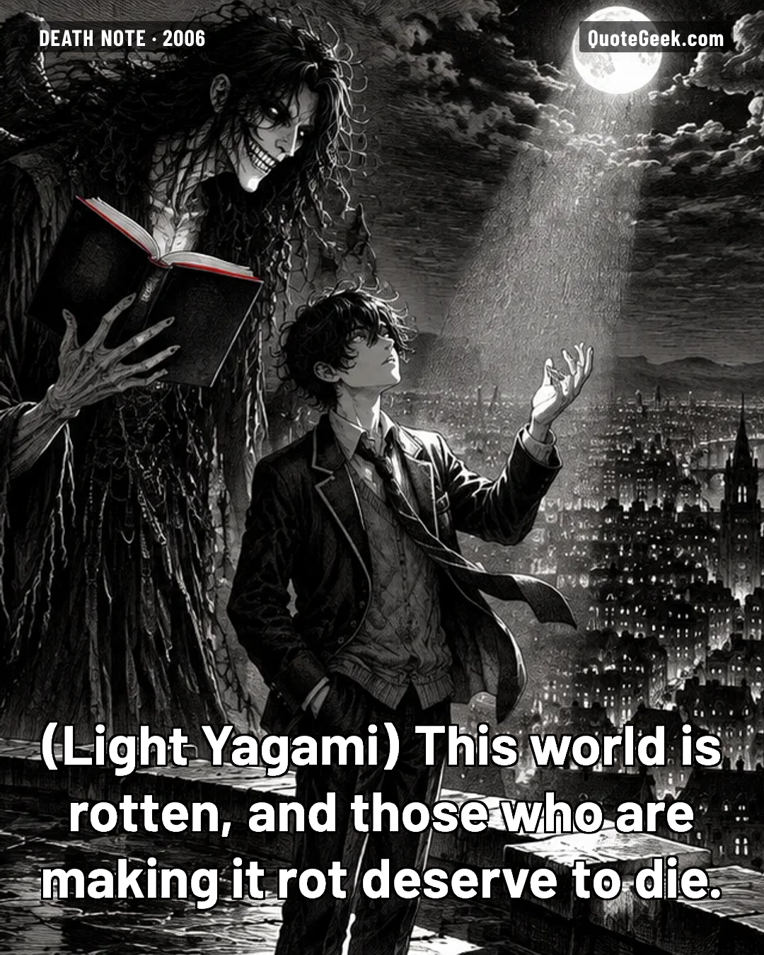 “This world is rotten, and those who are making it rot deserve to die.” — Light Yagami · Death Note. Illustrated QuoteGeek card.