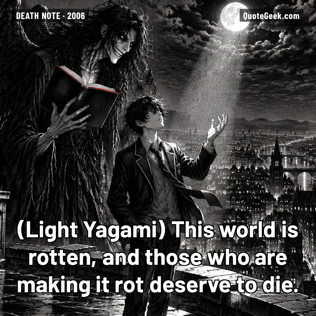 “This world is rotten, and those who are making it rot deserve to die.” — Light Yagami · Death Note. Illustrated QuoteGeek card.