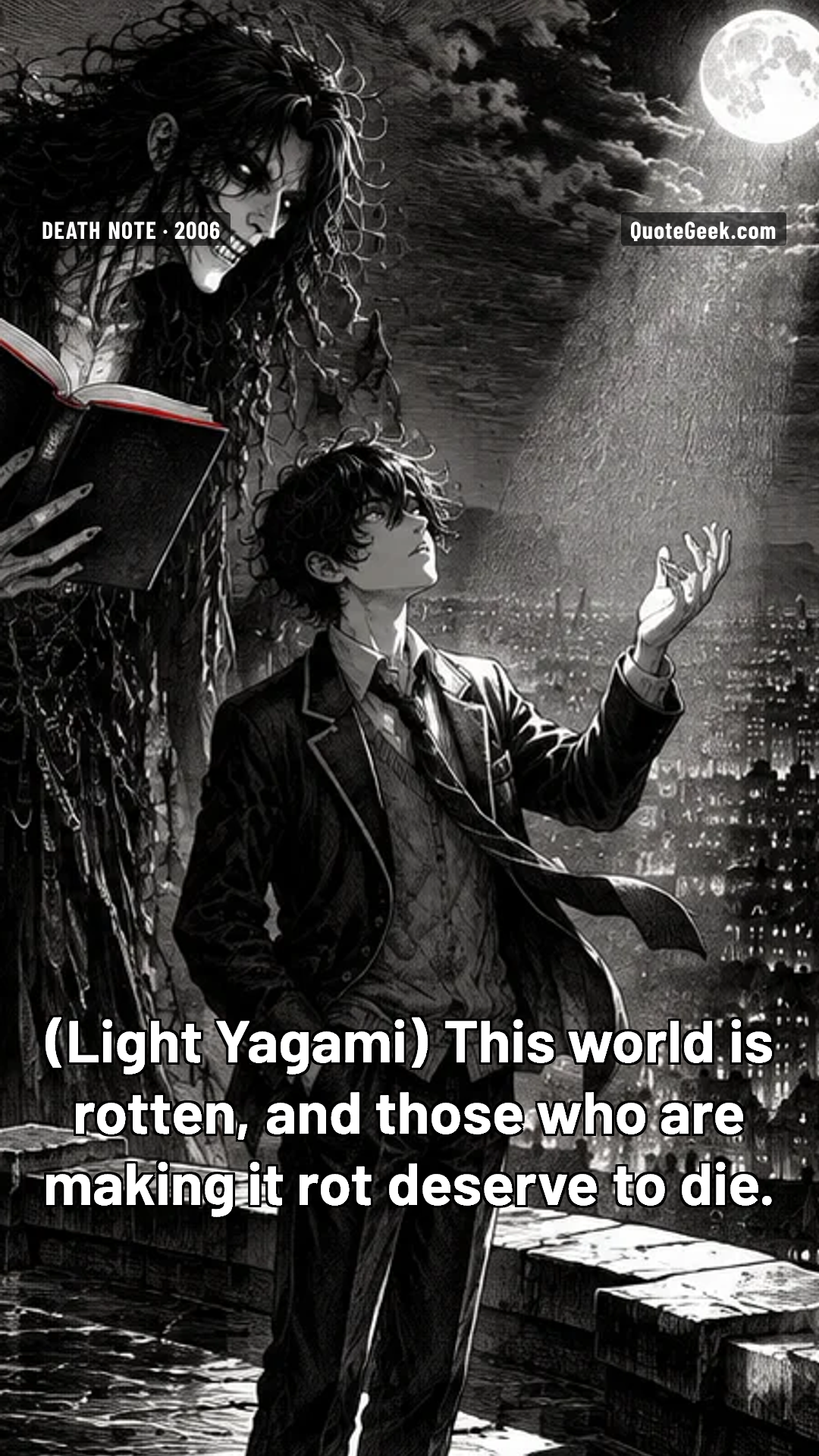 “This world is rotten, and those who are making it rot deserve to die.” — Light Yagami · Death Note. Illustrated QuoteGeek card.