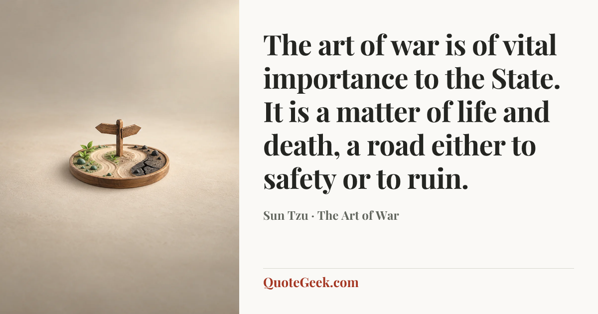 “The art of war is of vital importance to the State. It is a matter of life and death, a road either to safety or to ruin.” — Sun Tzu · The Art of War. Illustrated QuoteGeek card.