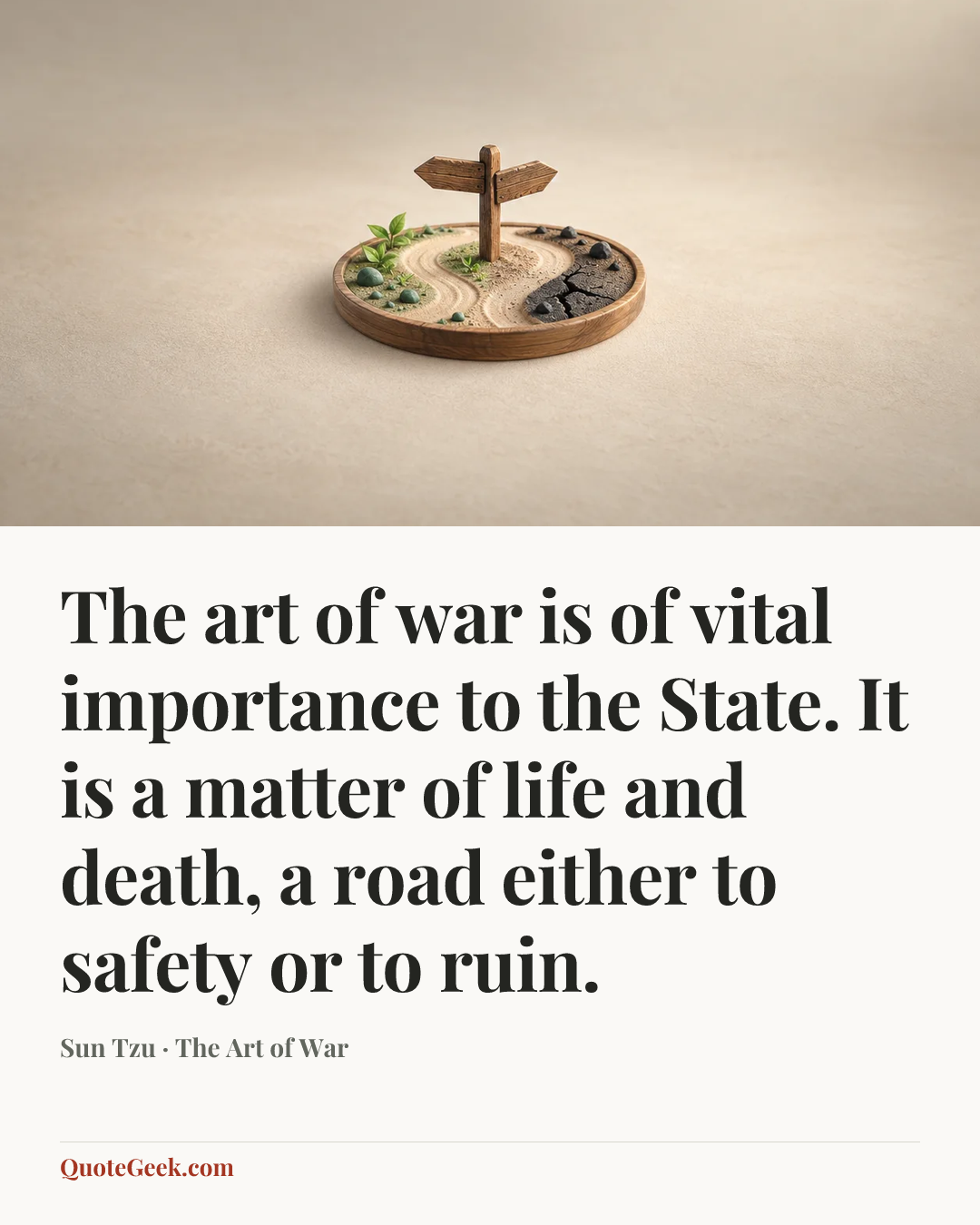 “The art of war is of vital importance to the State. It is a matter of life and death, a road either to safety or to ruin.” — Sun Tzu · The Art of War. Illustrated QuoteGeek card.